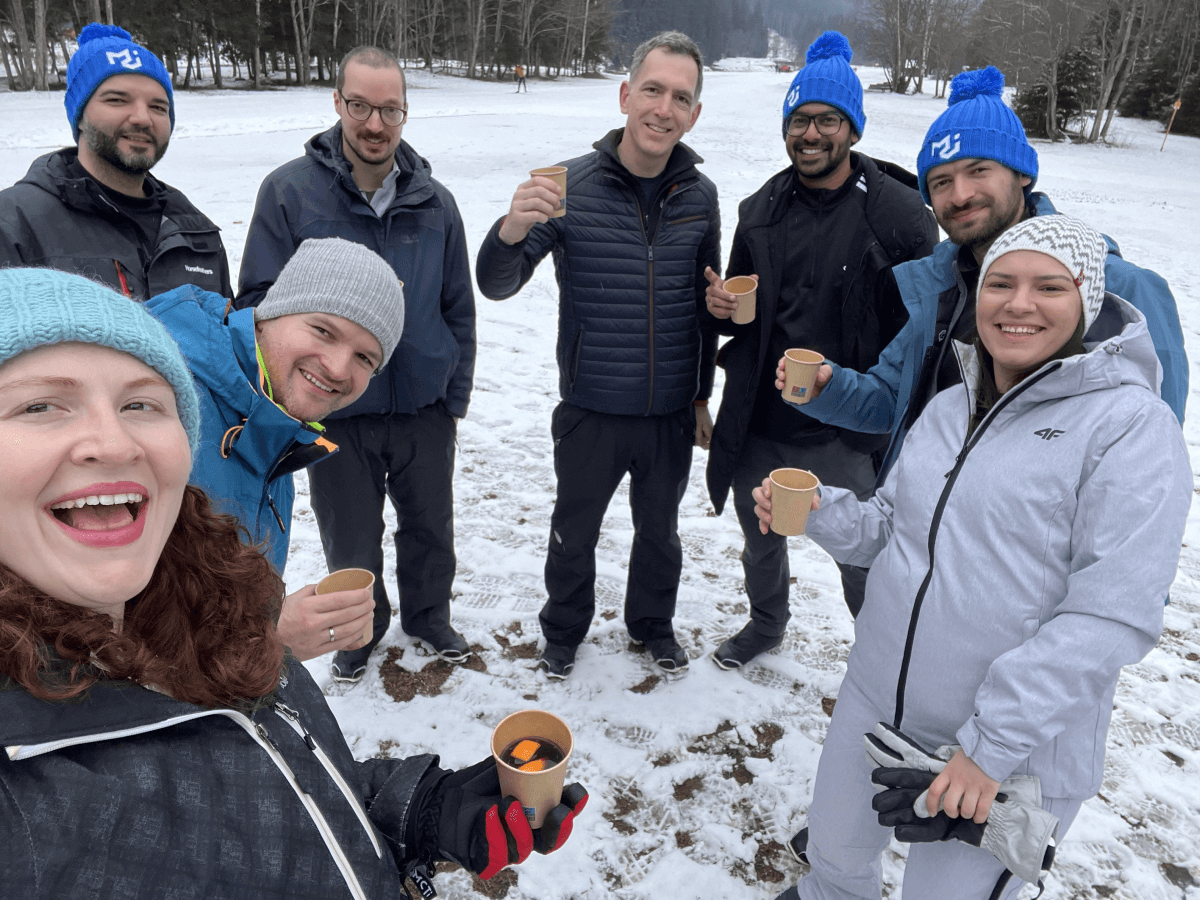 The team shares a cup of tea up in the mountains of Chamonix, France.